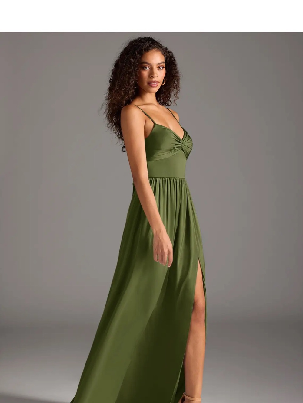Olive Green Stretch Satin Dress Maxi with Side Slit